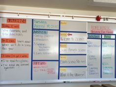 a white board with writing on it in front of a classroom room wall that has several different types of writing on it