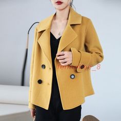 Women's Double-Sided Woolen Coat Short Autumn Double Breasted Casual Jacket | eBay Yellow Winter Outerwear With Button Closure, Casual Yellow Blazer For Winter, Casual Yellow Winter Blazer, Yellow Winter Workwear Outerwear, Fall Yellow Blazer With Button Closure, Yellow Winter Outerwear For Work, Yellow Blazer With Button Closure For Fall, Trendy Yellow Blazer For Fall, Yellow Fall Outerwear With Button Closure