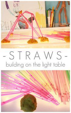 two pictures with the words straws building on the light table