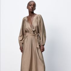 Zara Round Collar Dress With V-Neck Front And Long Sleeves With Elastic Cuffs. Self Belt. Xl. Armpit To Armpit 22”, Length 51” Chic V-neck Dress For Fall Daywear, Beige V-neck Maxi Dress For Daywear, Fall V-neck Maxi Dress For Daywear, Fall Daywear V-neck Maxi Dress, Chic V-neck Fall Daywear Dress, Beige Viscose Dresses For Fall, Chic Fall V-neck Day Dress, V-neck Viscose Maxi Dress For Work, V-neck Viscose Maxi Dress For Daywear