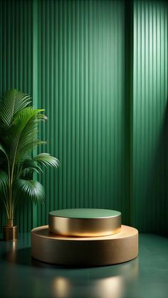 a potted plant sitting on top of a wooden stand next to a green wall