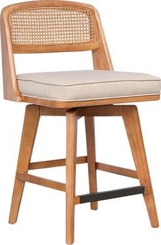 a wooden chair with a cushion on it's seat and backrest, against a white background