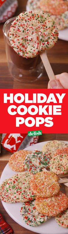 holiday cookie pops on a plate with sprinkles