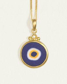 Indigo ceramic mati necklace with evil eye. Protective Turkish nazar talisman in 22k solid gold. Shop amulet pendant handcrafted in Istanbul. Indigo Necklace, Gold Shop, Solid Gold Necklace, Necklace Craft, Sparkling Diamond, Ceramic Pendant, Blue Necklace, Evil Eye Jewelry, Blue Ceramics