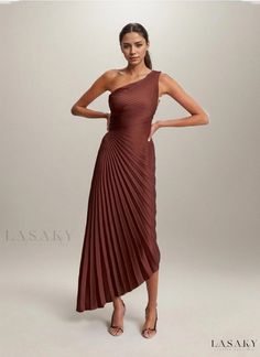 Lasaky - Chic One-Shoulder Pleated Satin Dress Backless Cocktail Dress, Pleated Satin Dress, Cocktail Bridesmaid Dresses, Backless Evening Dress, Fishtail Dress, Tube Top Dress, Cocktail Evening Dresses, Solid Color Dress, Lace Evening Dresses