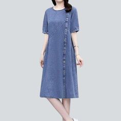 Feel the nostalgia of the '90s with our 2023 Spring-Summer Collection elegant half-sleeve denim dress! Be the trendsetter you're meant to be and embrace the trend renaissance with this stylish and durable piece that will have you radiating confidence and style.Why You'll Love It: 90s Style: Get that vintage-inspired look and make a statement with a classic design. Monochrome: With a sleek. slim fit. this traditional design will never go out of style. Long: With a pull-on closure. this dress is p Non-stretch Short Sleeve Midi Dress For Summer, Cotton Half Sleeve Midi Dress For Summer, Cotton Midi Dress With Half Sleeves For Summer, Summer Cotton Midi Dress With Half Sleeves, Medium Wash Short Sleeve Denim Dress, Casual Half Sleeve Spring Dresses, Fitted Short Sleeve Denim Dress, Casual Cotton Short Sleeve Dress For Spring, Trendy Cotton Short Sleeve Midi Dress