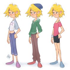 three cartoon characters standing next to each other on a white background, one with blonde hair and the other with blue eyes