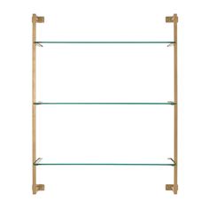 a wooden shelf with glass shelves on each side and two metal bars at the bottom