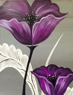 an acrylic painting of two purple flowers on a gray background with white leaves