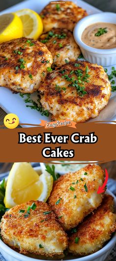 two pictures of crab cakes with sauce and lemon wedges on the side, one is cut in half