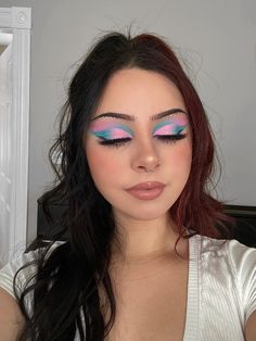 Cotton Candy Eyeshadow Look, Cotton Candy Eye Makeup, Soft Rainbow Makeup, Light Blue And Pink Makeup, Gender Reveal Eyeshadow, Pink Blue Eyeshadow, Gender Reveal Eyeshadow Ideas, Blue And Pink Makeup Looks, Blue And Pink Eyeshadow Looks