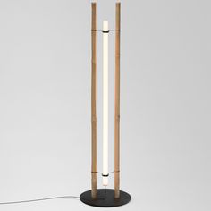 a floor lamp made out of bamboo sticks and an electric cord is plugged in