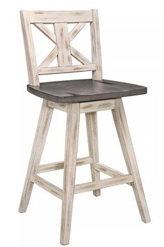 a wooden bar stool with an x back and seat in white wash finish, upholstered against a white background