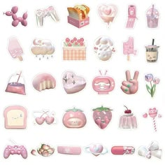 a bunch of stickers that are on a white surface with some pink things in the background