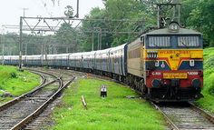 a train traveling down tracks next to lush green grass and trees on either side of it