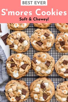 s'mores cookies on a cooling rack with text overlay reading best desert recipes s'mores cookies reader favorite