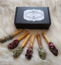 six wooden sticks filled with different types of flowers and herbs sitting in front of a black box