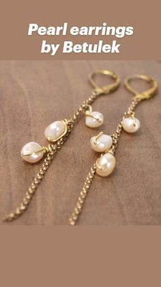 long dangle earrings, chain drops earrings with pearls (June birthstone), cultured pearls, cream color, wrapped in gold-plated wire hanging on long chains, great gift idea for romantic woman, 7.5cm / 3 inches long