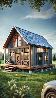 a small cabin style house with a metal roof and windows on the front porch is lit up at night