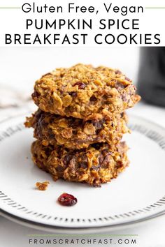 gluten free, vegan pumpkin spice breakfast cookies on a plate with cranberries