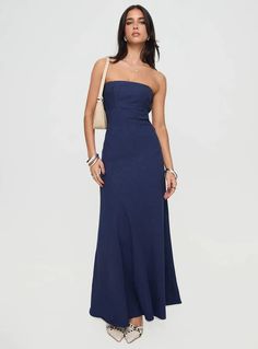 DRESS | Princess Polly AUS Blue Satin Floral Dress, Semi Formal Navy Blue Dress, June Wedding Dresses Guest, Casual Floor Length Dress, Timeless Maxi Dress, Navy Blue Dress Graduation, Strapless Navy Prom Dress, Blue Strapless Maxi Dress, Navy Floor Length Dress