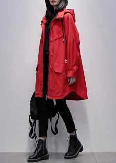 Women hooded zippered  crane coats red Letter Midi outwear TCT201207 Anorak Jacket Outfit, Light Jeans Outfit, Red Hooded Coat, Red Overcoat, Red Raincoat, Outwear Women, Anorak Jacket