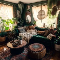 a living room filled with lots of plants and furniture