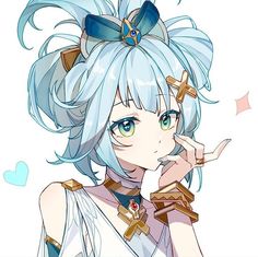 an anime character with blue hair wearing a white dress and holding a cross in her hand