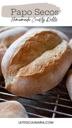 some bread is cooling on a rack with the words papao segos homemade crusty rolls