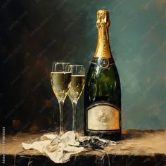 a painting of two glasses and a bottle of champagne