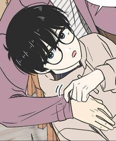 an anime character with glasses and a tie holding his arm around another person's shoulder