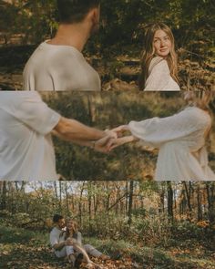 two people holding hands in the woods