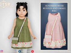 the doll is wearing a green dress with pink flowers on it and has a small purse