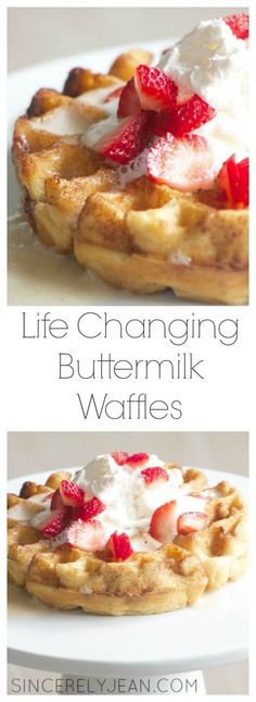 some waffles with whipped cream and strawberries on top are shown in three different pictures