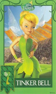 the tinker bell fairy is standing in front of a green field with grass and flowers