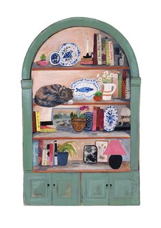 a painting of a book shelf with books and other items on it, including a cat