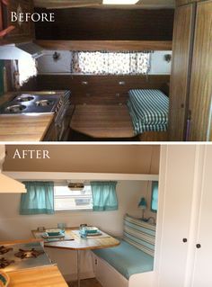 before and after photos of an rv kitchen remodel with wood flooring, cabinets, counter tops, and sink