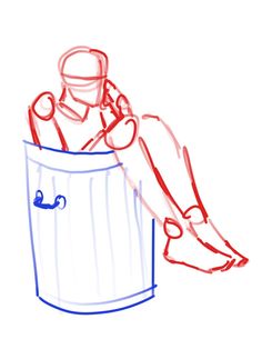 a drawing of a man sitting in a trash can