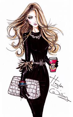 a drawing of a woman in black dress holding a coffee cup and purse with her right hand on her hip