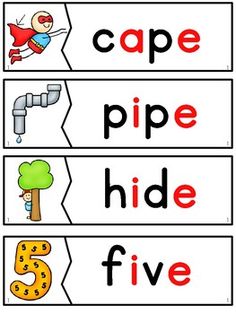 three different pictures with the words cape, pipe, hide five and five on them