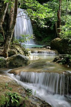 a small waterfall in the middle of a forest