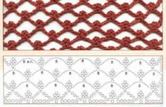 the crochet pattern is shown in red and white, with two rows of stitches on