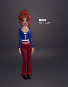 a woman with red hair and blue shirt standing in front of a gray background, texting themme robbox avatar