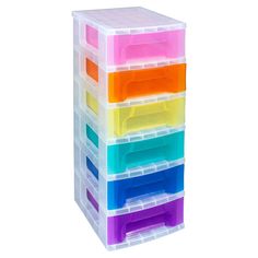 multicolored storage bins stacked on top of each other