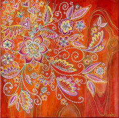 an orange and pink painting with flowers on it