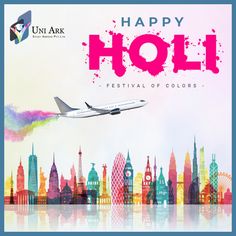 an airplane flying over a city with the words happy holi