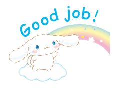 a white bunny sitting on top of a cloud with the words good job above it