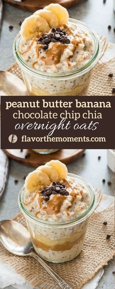 peanut butter banana chocolate chip chia overnight oatmeal in a glass bowl