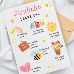 a card with the words sandhills thank you on it and images of people