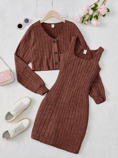 Teen Girl Button Front Ribbed Knit Dress & Button Placket Coat Brown Casual    Plain  Slight Stretch  Teen Girls Clothing, size features are:Bust: ,Length: ,Sleeve Length: Casual Holiday Outfits, Girls Party Wear, Teen Girl Dresses, Ribbed Knit Dress, Girls Clothing Sets, Really Cute Outfits, Dress With Cardigan